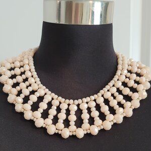 Pale Dusty Pink Multi-Faceted Beaded Statement Necklace-Choker w/ Goldtone Close